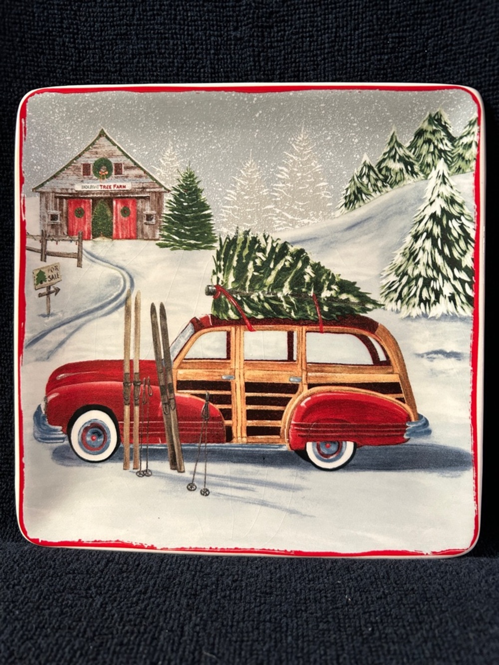Festive Red Woodie Car Holiday Pillow with Tree
